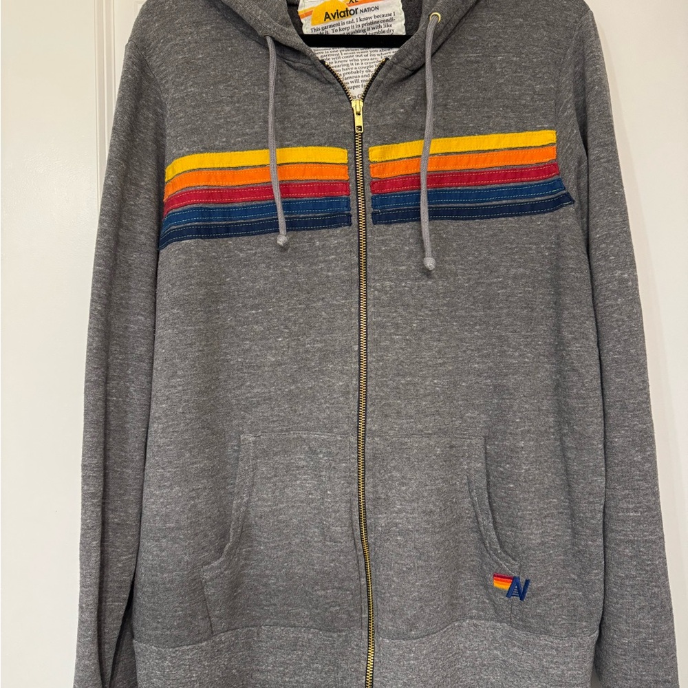 Aviator Nation Gray and Yellow Zip Up Sweater with Retro Stripes